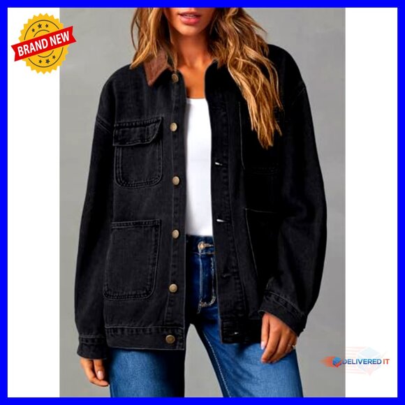 Oversized Denim Jacket with Corduroy Collar Retro Vintage Barnfit Style - Picture 5 of 7